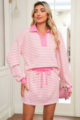 Pink Stripe Collared V Neck Drop Shoulder Pullover and Skirt Set