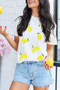 White Sequin Lemon Graphic Casual Summer Tee