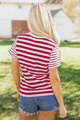 Red Stripe Contrast Sleeves Sequin Stars Patriotic T Shirt