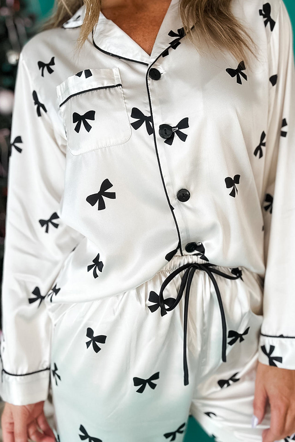 White Bows Print Drawstring Two Piece Pajama Set