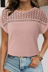 Light Pink Hollow Patchwork Waffle Knit Top