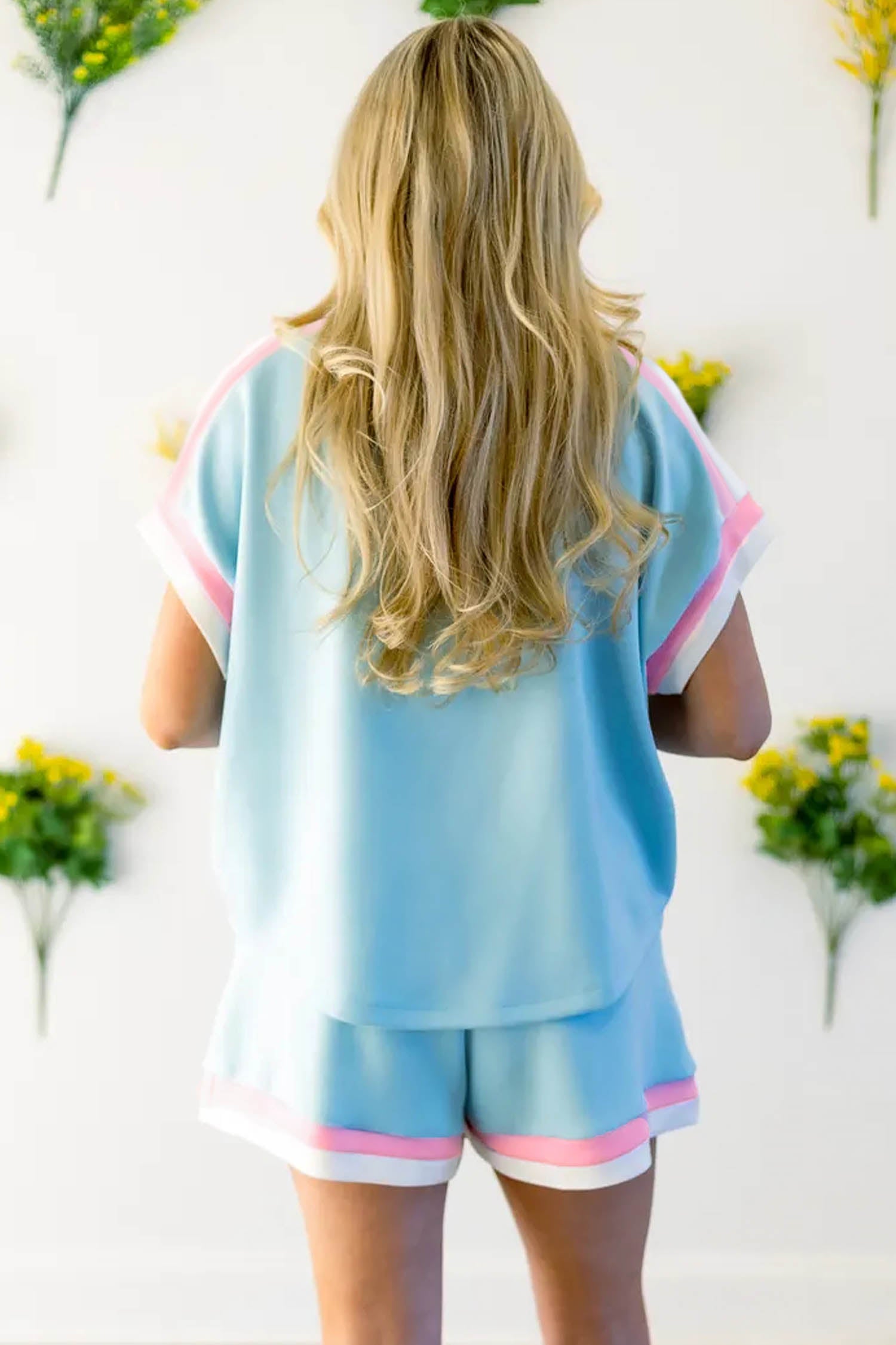Mist Blue Color Block Trim Sequin Star Casual Two Piece Short Set