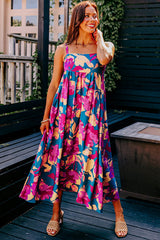 Dark Blue Floral High Waist Sleeveless Flared Long Dress