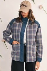 Gray Plaid Corduroy Patchwork Collared Zip Up Snap Button Jacket