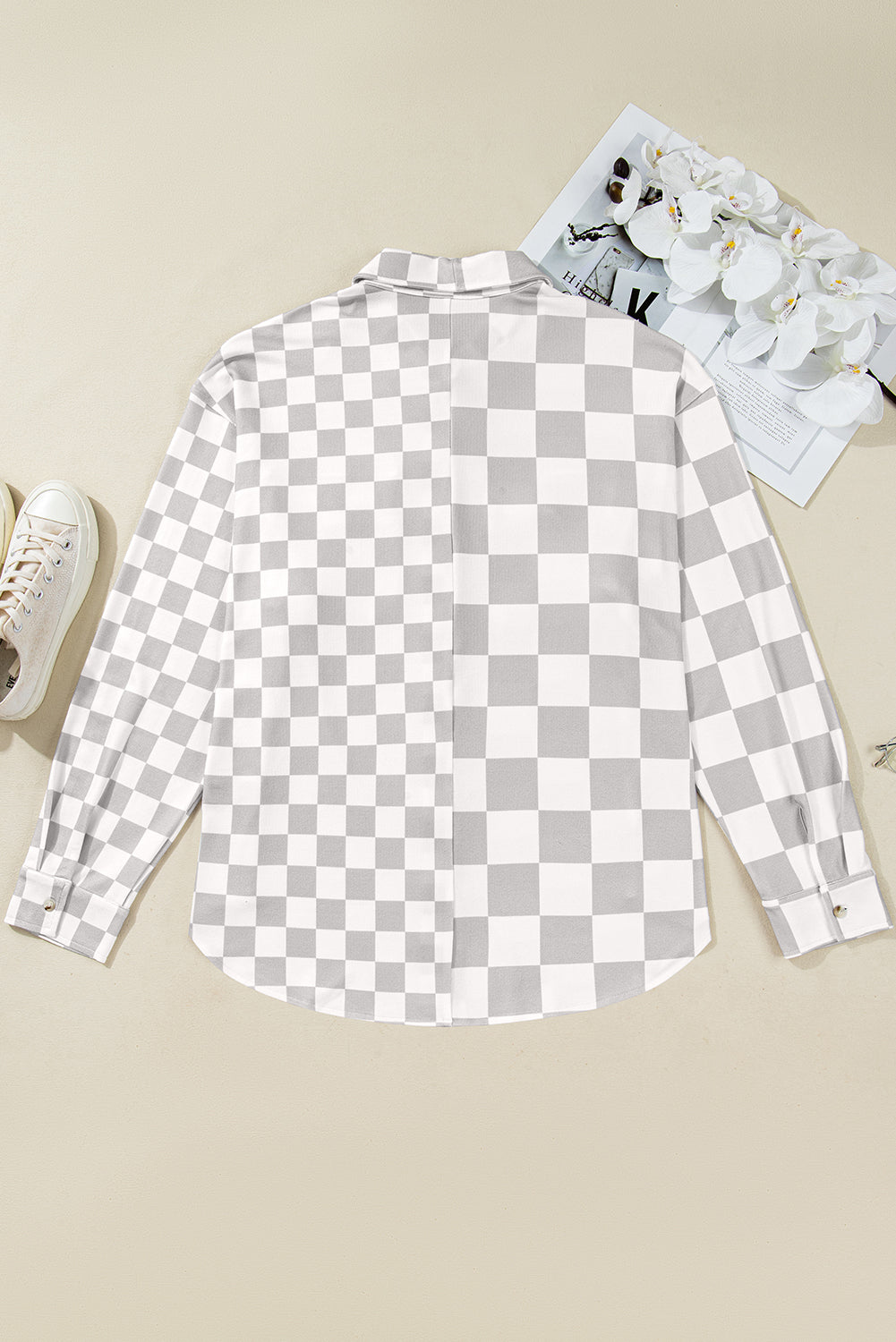Khaki Checkered Button Down Casual Plus Size Jacket