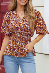 Brown Abstract Print V Neck Smocked Babydoll Blouse