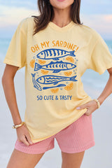 Yellow Cream OH MY SARDINE Lemon Fish Printed T Shirt