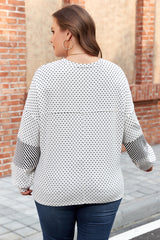 Beige Plus Size Dot Print Striped Patchwork Long Sleeve Henley Top