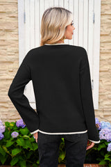 Black Leopard Bow Decor Split Cuffs Contrast Trim Sweater