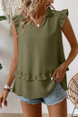 Four Leaf Clover Notched V Neck Ruffle Detail Tank Top