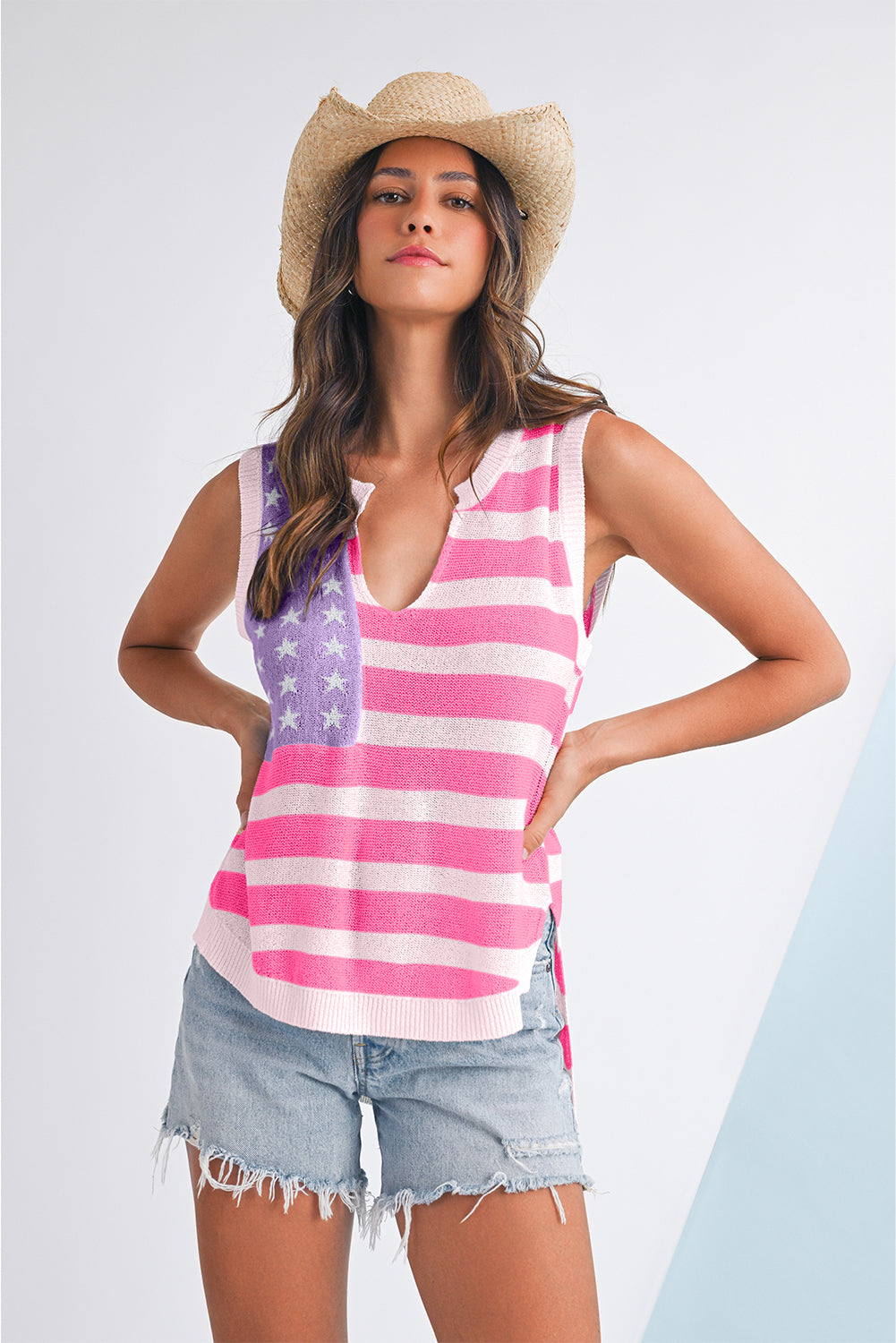 Pink Stripe USA Flag Notched Neckline Loose Knit Vest