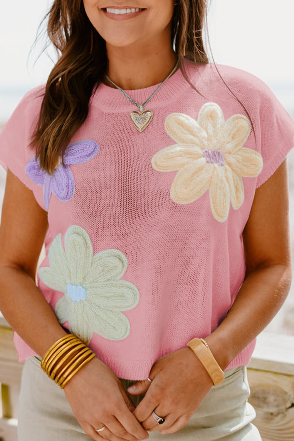 Pink Flower Patch Knit Round Neck Tee