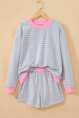 Pink Stripe Color Block Detail Long Sleeve Pullover Elastic Waist Pull On Shorts 2pcs Set