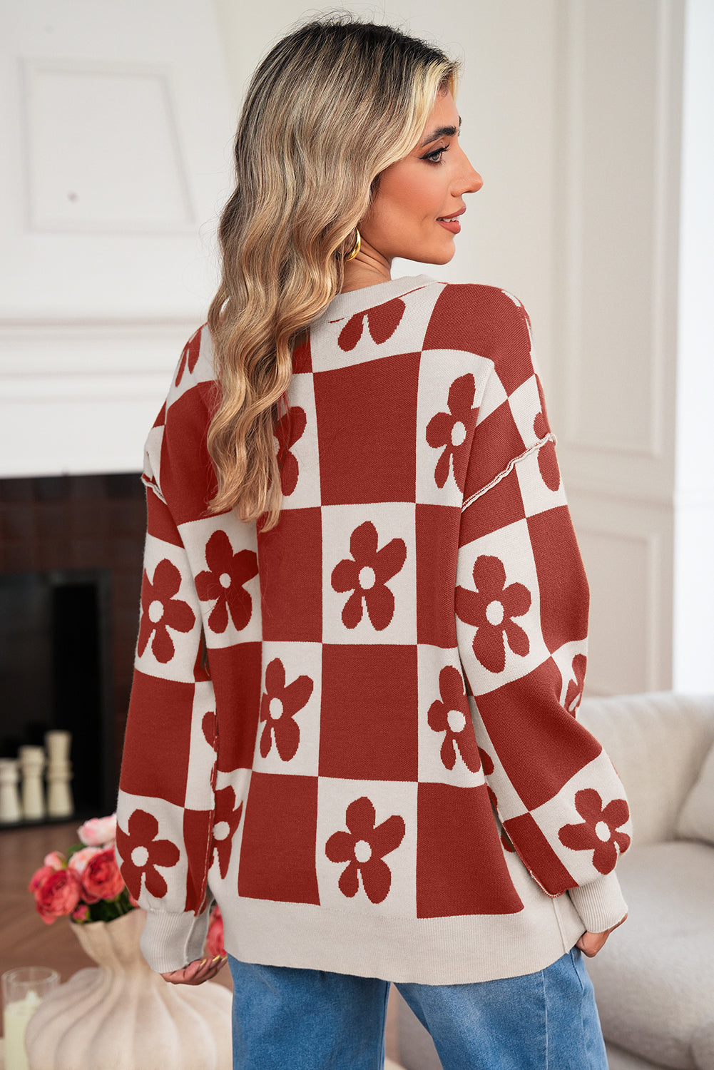 Red Dahlia Flower Colorblock Checkered Henley Sweater