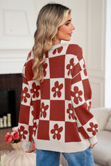 Red Dahlia Flower Colorblock Checkered Henley Sweater
