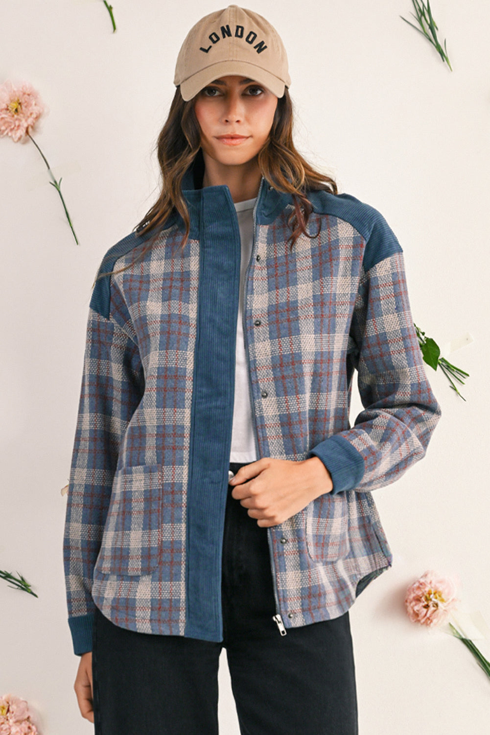 Gray Plaid Corduroy Patchwork Collared Zip Up Snap Button Jacket
