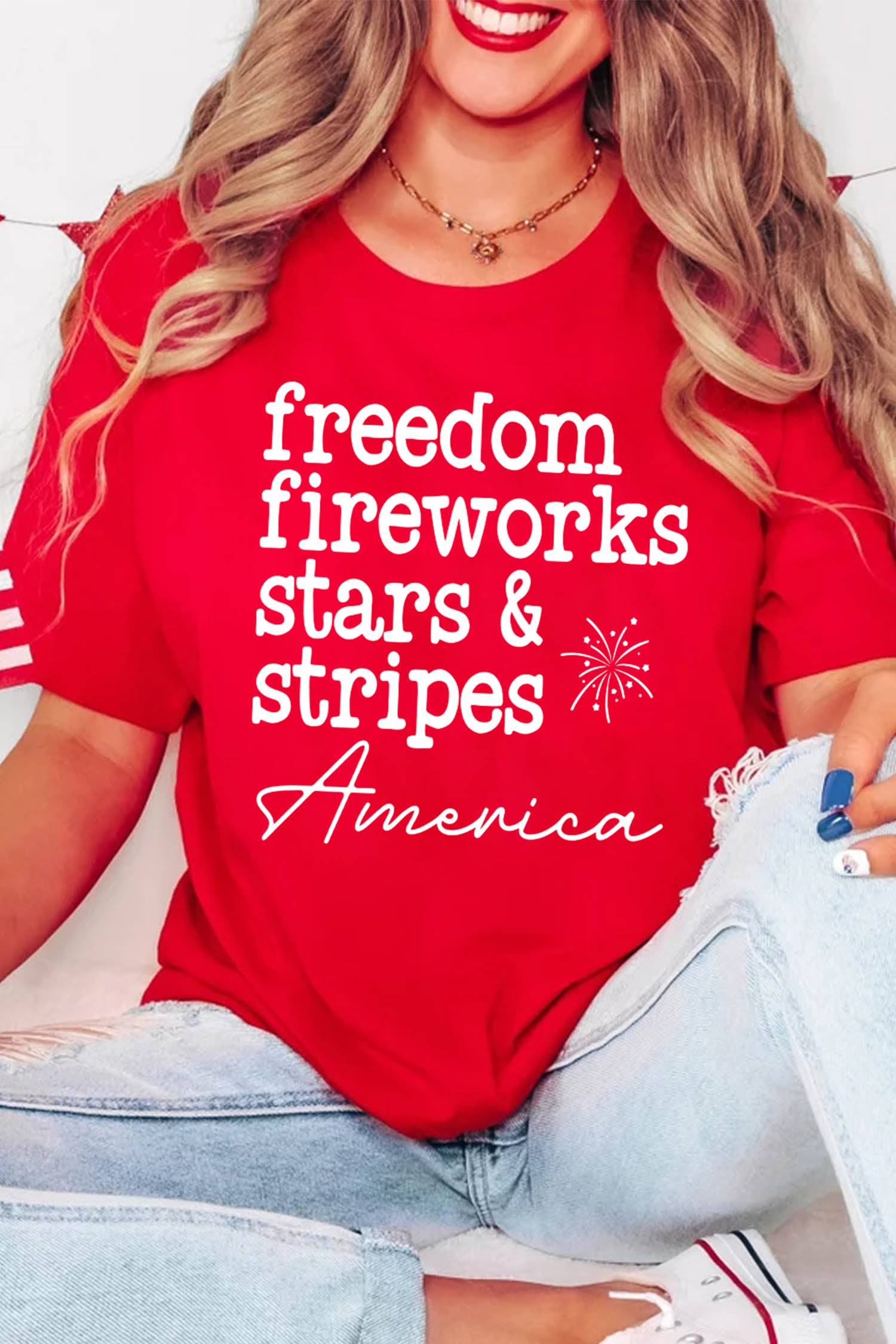 Red Freedom Fireworks American Patriotic Slogan Printed T Shirt