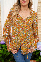 Orange Boho Floral Ruffled Bubble Sleeve V Neck Fall Blouse