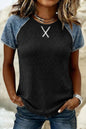 Carbon Grey Waffle Knit Seam Detail Color Block Patchwork Short Sleeve Top