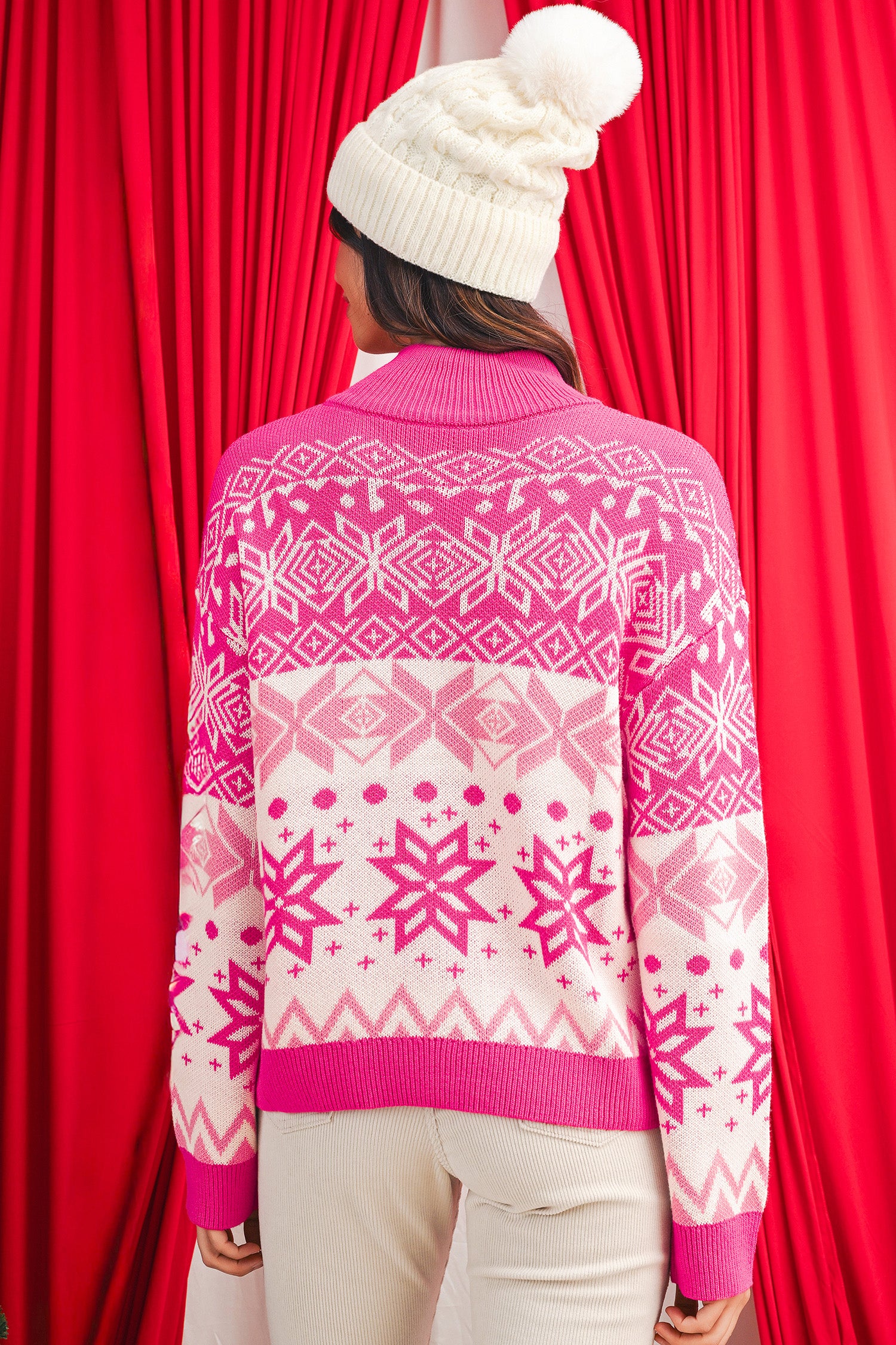 Rose Red Christmas Snowflake Quarter Zip Collard Sweater