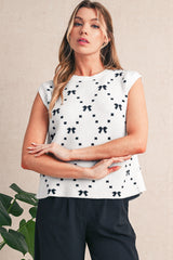 White Bow Pattern Buttoned Side Knit Top