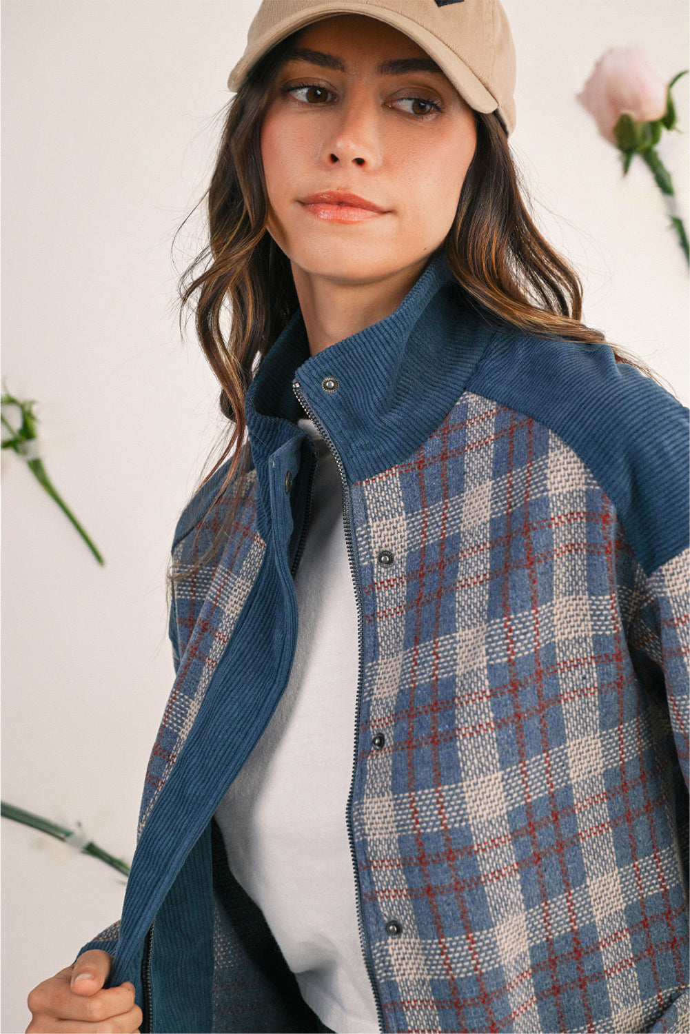 Gray Plaid Corduroy Patchwork Collared Zip Up Snap Button Jacket