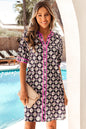 Blue Striped Trim Short Sleeve Vintage Floral Shift Dress