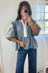 Myosotis Color Block Patchwork V Neck Embroidered Puff Sleeve Babydoll Blouse