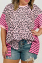 Pink Leopard Striped Contrast Patchwork Plus Size Tee