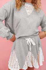 Light Grey Lace Patchwork Drop Shoulder Pullover Drawstring Skort Set