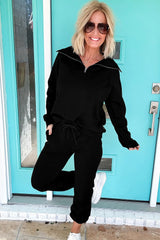 Black Zip Collar Long Sleeve Top Drawstring Pants Set