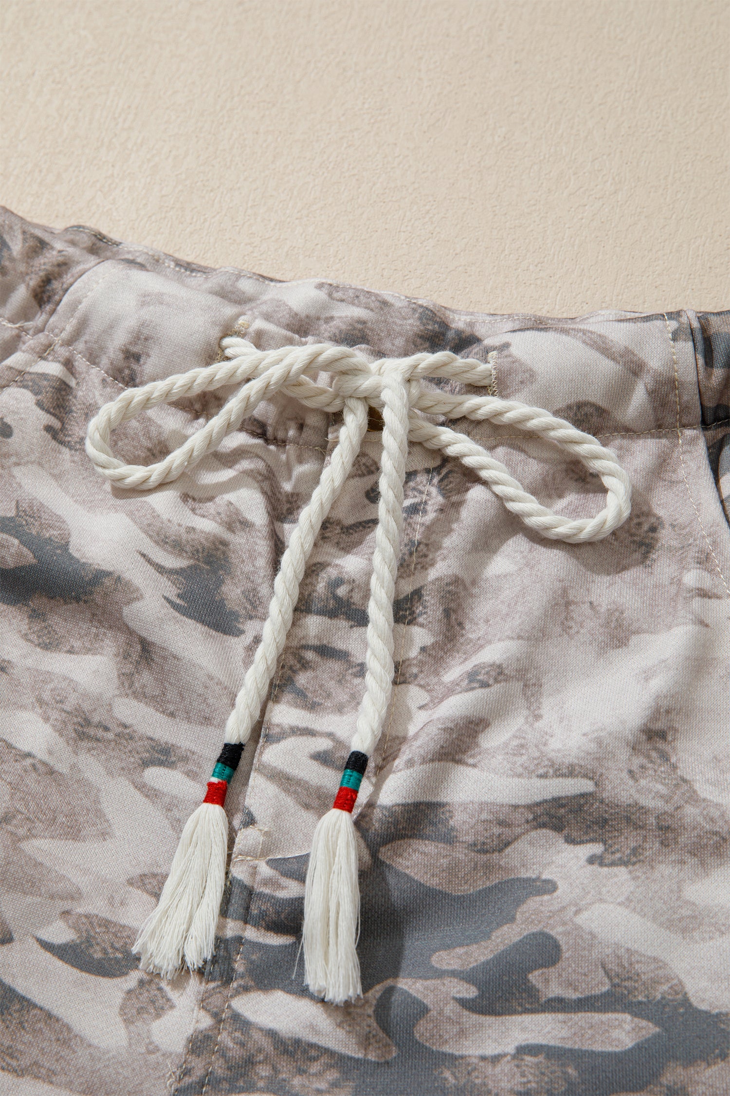 Khaki Camouflage Print Striped Side Panel Patchwork Drawstring Pants