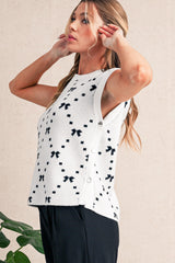 White Bow Pattern Buttoned Side Knit Top