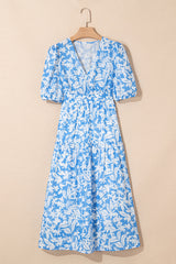 Sky Blue Floral Print Deep V Neck Puff Sleeve Flowy Dress
