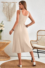 Apricot Button Shirred High Waist Sleeveless Midi Dress