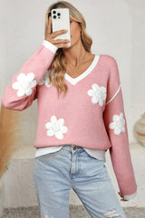 Pink Floral Patched Contrast Trim V Neck Sweater
