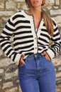 Black Striped Chic Button Round Neck Knit Cardigan