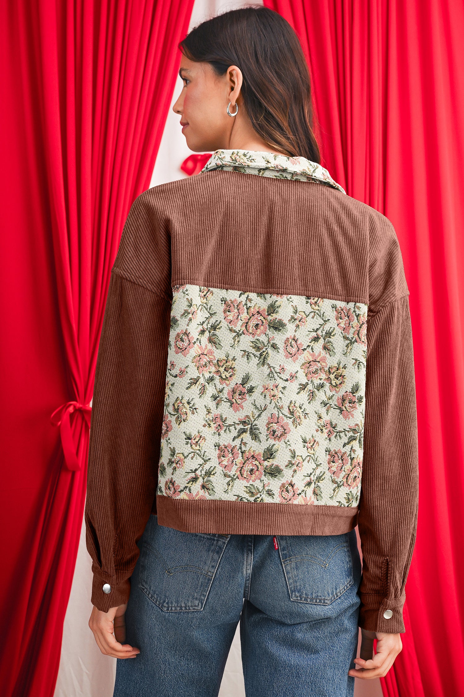 Clay Ribbed Retro Floral Patchwork Jacket