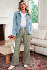 Brown Plaid Button High Waist Patchwork Pants