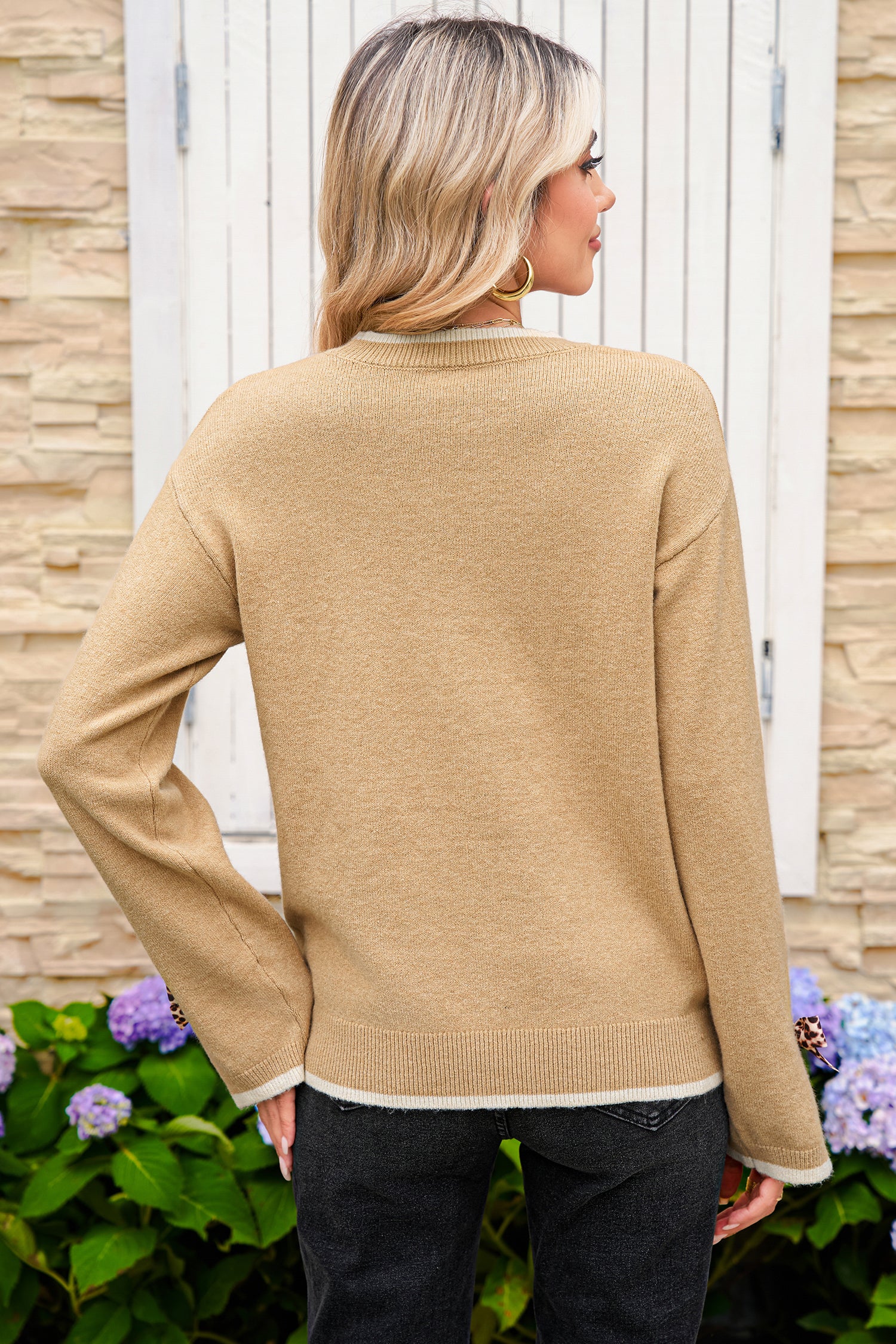 Tan Leopard Bow Decor Split Cuffs Contrast Trim Sweater