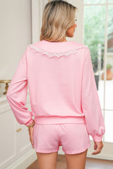 Pink Peter Pan Collar Pullover Lace Embellished Mini Shorts Set