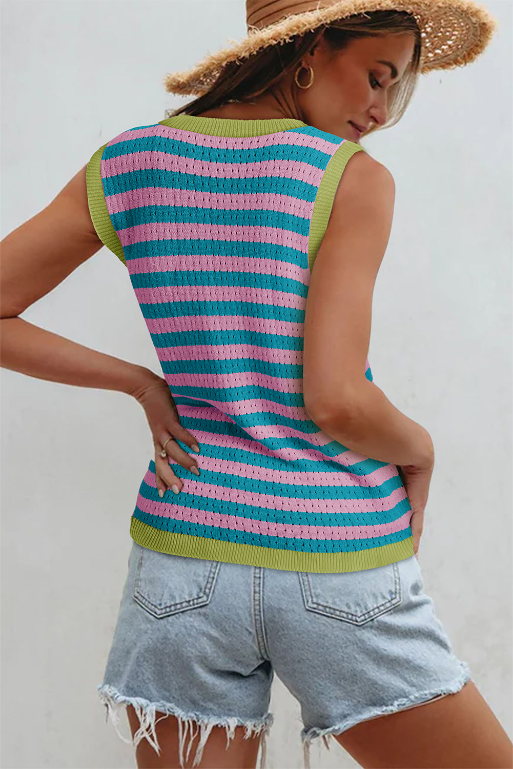 Pink Stripe Pointelle Knit Contrast Trim Sleeveless Sweater Top
