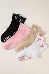 White Bow Print Non-Slip Ruffle Grip Socks